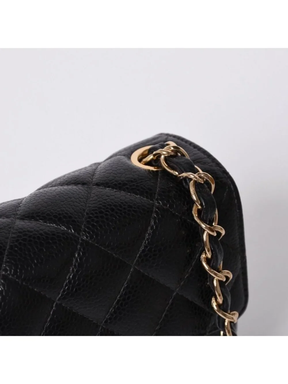 Chanel Mini Quilted Chain Shoulder Bag Caviar Leather Gold Black
